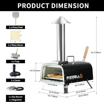 PIZZELLO 12" Outdoor Pizza Oven Propane and Wood Fired Pizza Maker Multi-Fuel Pizza Ovens with Gas Burner, Wood Tray, Stone, Pizza Peel, Cover, Forte Gas (Black)