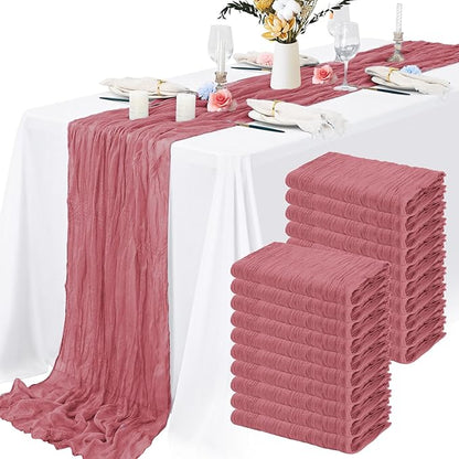 20 Packs Cheesecloth Table Runner 10FT Long Boho Gauze Fabric Table Runner Vintage Rustic Sheer Runners for Wedding Party Bridal Baby Shower Table Decorations (Dusty Rose )