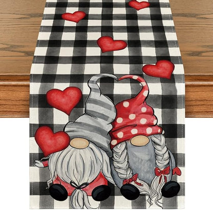 Artoid Mode Watercolor Buffalo Plaid Hearts Gnomes Love Valentine's Day Table Runner, Seasonal Anniversary Wedding Holiday Kitchen Dining Table Decoration for Indoor Outdoor Home Decor 13 x 90 Inch