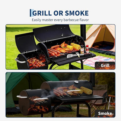 Garvee Charcoal Grills with Offset Smoker, Outdoor BBQ Grill with Handle and Wheels, Barrel Barbecure Smoker Grill Combo for Camping Picnic Patio Backyard Party