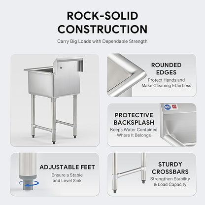 WILPREP 1-Compartment Sink, 18x18x12 in. Kitchen Sink with Strainer X-Shaped Guides Backsplash, Freestanding Single Bowl Utility Sink, Work Station Sink for Garage Kitchen Laundry Room Pet Salon