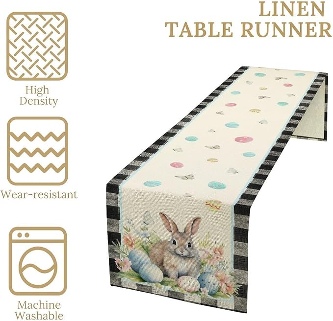 Easter Table Runner,Vinatge Black Plaid Rabbit Easter Eggs Butterflies Floral Spring Table Center Decor for Family Kitchen and Living Room Outdoor Farmhouse Party Table Decorations, 13"x90"