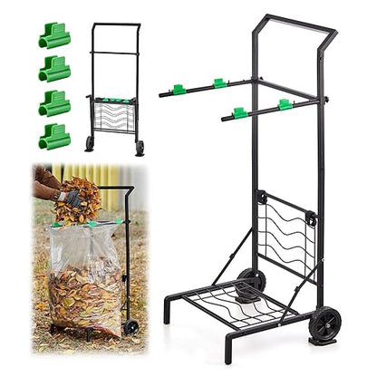 Foldable Leaf Bag Holder, Mobile Trash Bag Holder Stand with Removable Arms and Dual Fixing Design, Adjustable 30-45 Gallon Portable Lawn Bag Cart for Yard Cleanup, Gardening, Leaves, Camping, Parties