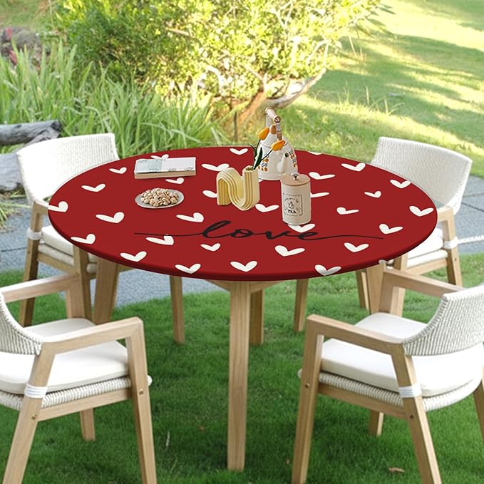 Valentines Day Round Fitted Tablecloth with Elastic Red White Love Heart Circle Table Cloth for 48-52" Round Tables Stretch Waterproof Washable Valentine Table Cover for Picnic Dining Party Decor