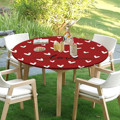 Valentines Day Round Fitted Tablecloth with Elastic Red White Love Heart Circle Table Cloth for 48-52" Round Tables Stretch Waterproof Washable Valentine Table Cover for Picnic Dining Party Decor