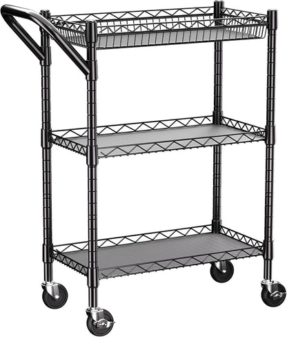 3 Tier Heavy Duty Rolling Utility Cart,18" D x 23.8" W x 36.6" H Rolling Carts with Wheels,Commercial Grade Metal with Handle Bar & Shelf Liner,Trolley Serving Storage Cart for Kitchen Black