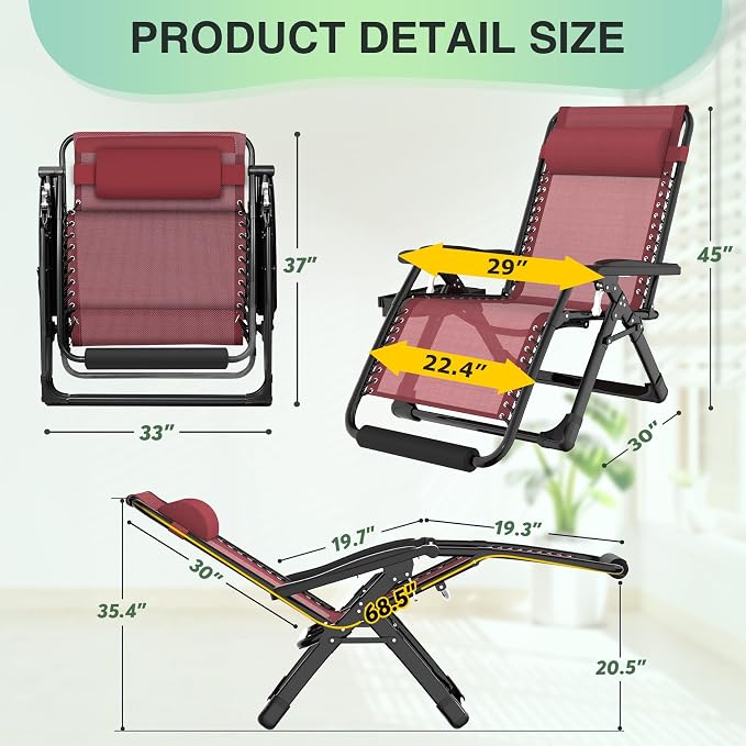 Suteck Oversized Zero Gravity Chair, 500LBS 29In XL Outdoor Recliner Chairs | - Image 2