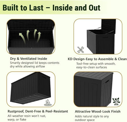 100 Gallon Resin Deck Box, Waterproof Outdoor Storage Box for Patio Furniture, Garden Tools, and Pool Accessories, Lockable UV-Resistant Storage Bin Bench Cabinet for Outside, Black