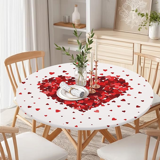 Valentines Day Round Fitted Tablecloth with Elastic Red Love Heart Circle Table Cloth for 48-52" Tables Wipeable Waterproof Washable Valentine Decorative Table Cover for Picnic Dining Party Decor
