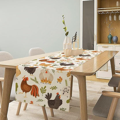 Cute Roosters Chickens Table Runners, Rustic Farm Animals Hen Table Runner for Farmhouse Wedding Coffee Dining Table Party Home 13x70in