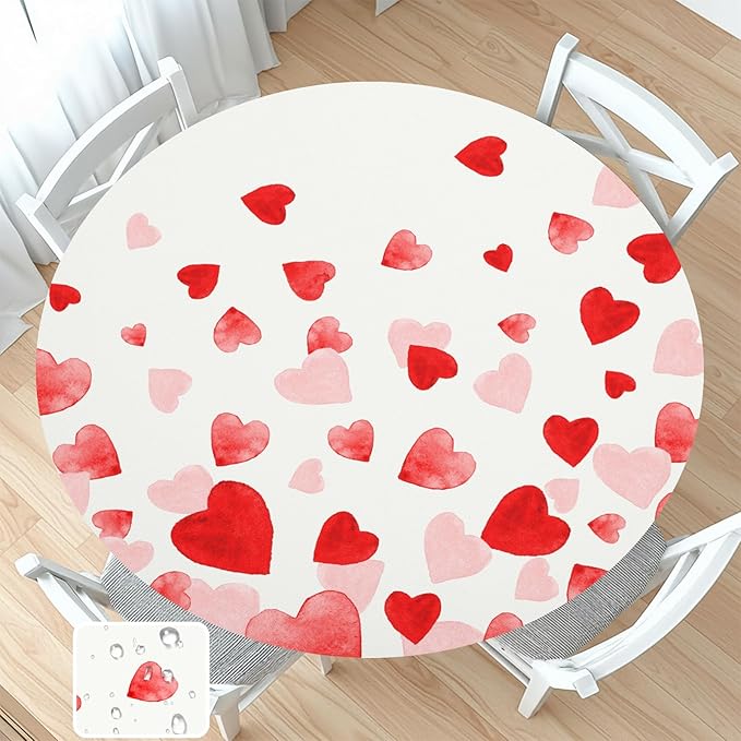 Valentines Day Round Fitted Tablecloth with Elastic Pink Red Love Heart Circle Table Cloth for 44-48" Round Tables Wipeable Waterproof Washable Valentine Table Cover for Picnic Dining Party Decor