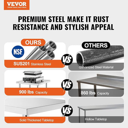 VEVOR 24 x 60 x 36 Inch Stainless Steel Work Table, Commercial Food Prep Worktable Heavy Duty Prep Worktable, Metal Work Table with Adjustable Height for Restaurant, Home and Hotel