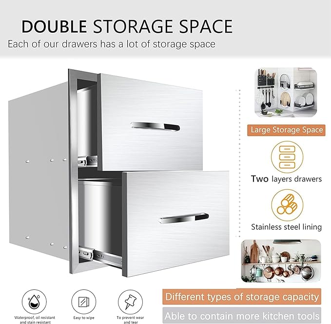 Outdoor Kitchen Drawers, Flush Mount Triple Access BBQ Drawers With Stainless Steel Handle, BBQ Island For BBQ Island Patio Grill Station,Double Drawers