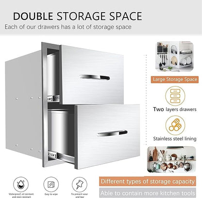 Outdoor Kitchen Stainless Steel Triple Access BBQ Drawers With Handle For BBQ Island Patio Grill Station,Double Drawers