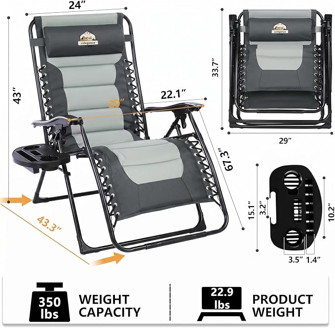 Colegence Oversized Padded Zero Gravity Chair, 400 lb, 0-170° locking recline - Image 3
