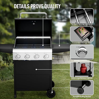 ROVSUN 4-Burner Propane Gas BBQ Grill with Foldable Side Tables & Enameled Cast Iron Grates, 40,000 BTU Barbecue Grill with Portable Wheels for Outdoor Patio Backyard Cooking Grilling, Black