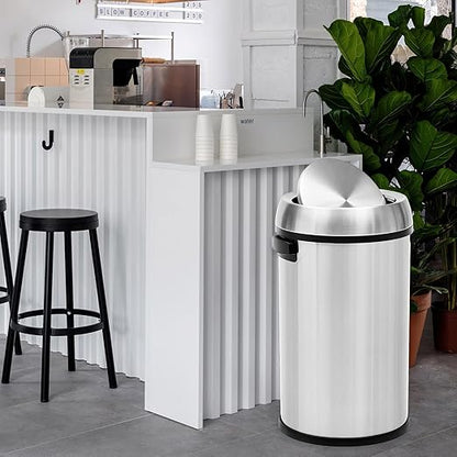 GarveeHome 17 gal/65 L Swing Top Trash Can, Stainless Steel Rubbish Bin, Commercial Grade Waste Container, Round Garbage Can for Outdoor, Home Office, Restaurant, Silver
