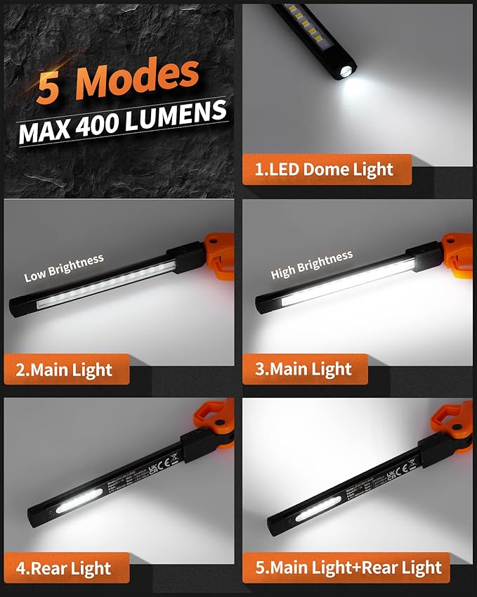 Rechargeable Work Light, 400LM Mechanic Work Lights, Magnetic Flashlight with 230° Rotate and Hook Led Work Lights for Car Repairing, Emergency, Grill, Outdoor Work (2 Packs)