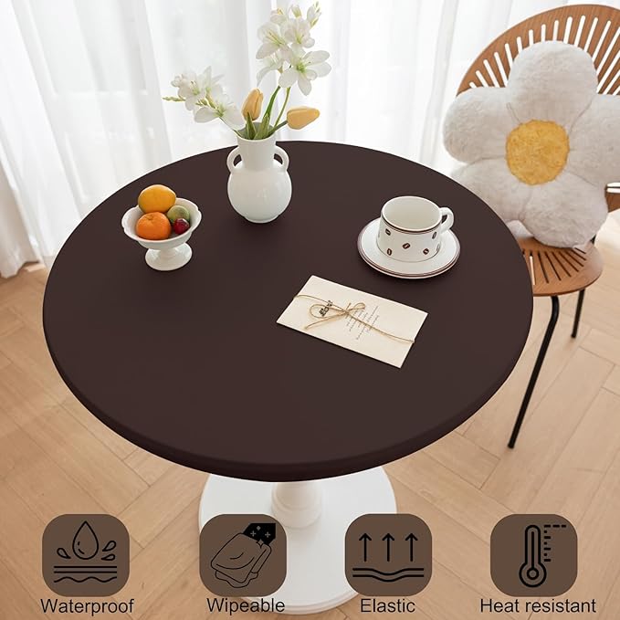 Round Fitted PU Tablecloth with High Elastic Edge 51 Inch Dia Waterproof Oil Proof Table Cloth Anti-Scald Stain-Resistant Wipeable Table Cover for Indoor Outdoor Picnic (Coffee,51" Dia)