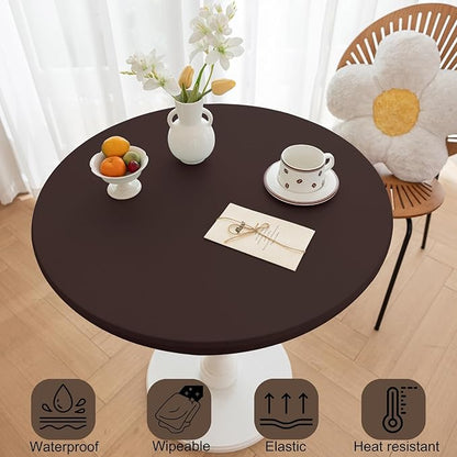 Round Fitted PU Tablecloth with High Elastic Edge 24 Inch Dia Waterproof Oil Proof Table Cloth Anti-Scald Stain-Resistant Wipeable Table Cover for Indoor Outdoor Picnic (Coffee,24" Dia)