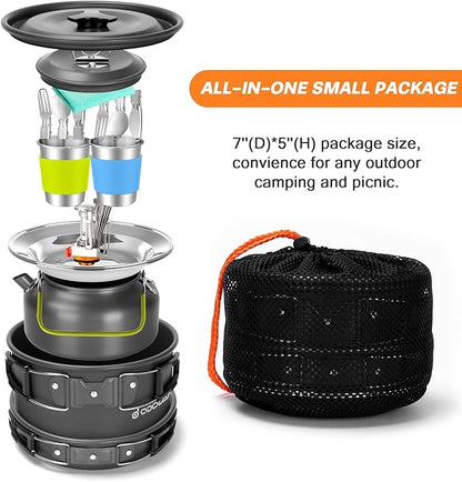 Odoland 16pcs Camping Cookware Set with Folding Camping Stove, Non-Stick Lightweight Pot Pan Kettle Set with Stainless Steel Cups Plates Forks Knives Spoons for Camping Backpacking Outdoor Picnic