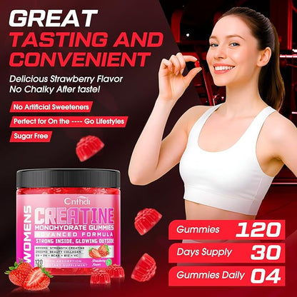 Creatine Monohydrate Gummies 6000MG Pre-Workout for Women, Sugar Free Creatine Gummies with Collagen, BCAA 2:1:1for Muscle Support, Enhance Strength & Booty, Non-GMO, Gluten-Free, 120 Counts
