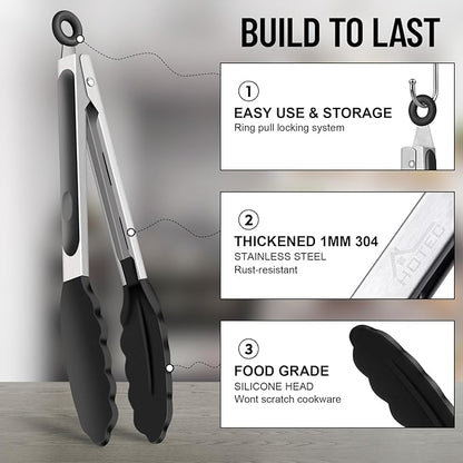 HOTEC Premium 7 & 9 Inch Kitchen Tongs, Stainless Steel Locking Cooking Tongs with Silicone Tips, Non-Scratch & Heat Resistant, Serving Tongs for Salad, BBQ, Black, Set of 2