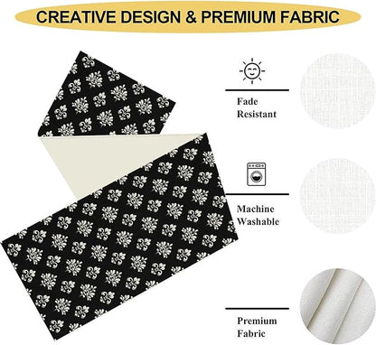 Damask Table Runner, Antique Gothic Black Floral Boho Flower Pattern Rustic Vintage Retro Coffee Table Center Decor for Kitchen and Dining Outdoor Home Country Party Table Decorations, 13"x108"