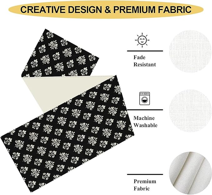 Damask Table Runner, Antique Gothic Black Floral Boho Flower Pattern Rustic Vintage Retro Coffee Table Center Decor for Kitchen and Dining Outdoor Home Country Party Table Decorations, 13"x72"