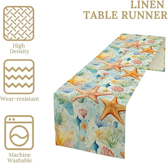 Starfish Conch Shell Table Runners, Season Coastal Marine Life Table Runners for Kitchen Dining Outdoor Home Party 13x36in