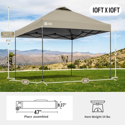 CROWN SHADES Adjustable Height on The Fly, 10x10 Pop Up Canopy - Beach Tent with One Push Setup - Easy Outdoor Sun Shade for Events, Parties, Camping - Outside Shade with STO-N-Go Bag, Khaki