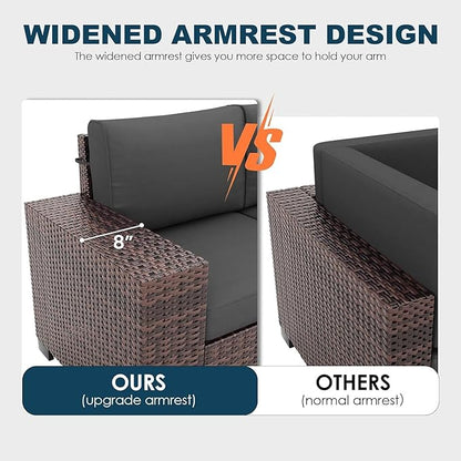 Patio Furniture Set with Fire Pit Table 5 Piece, Outdoor Conversation Sets Brown Wicker Rattan Sectional Sofa for Deck Garden Backyard, 4'' Thickened Cushion Dark Grey