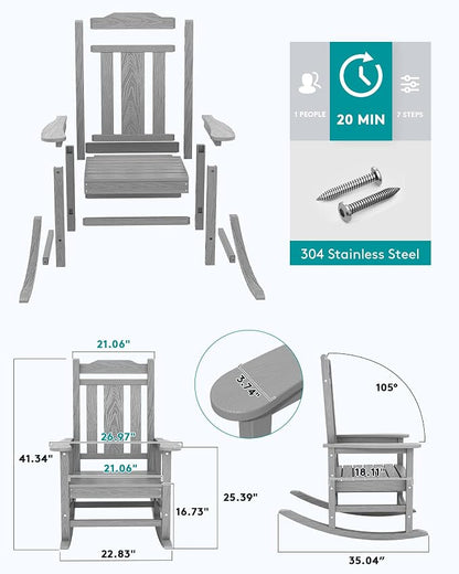 SERWALL Oversized Outdoor Rocking Chair, Patio Rocking Chair, Space Gray | - Image 4