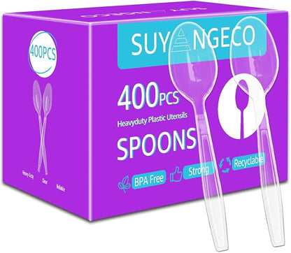 [400 Count] Clear Plastic Spoons Heavy Duty Disposable Spoon Reusable Bulk Plastic Utensils Sturdy Cutlery Set Durable Plasticware Silverware for Party,Every Day Use,Picnic,Camping,Wedding,Barbecues