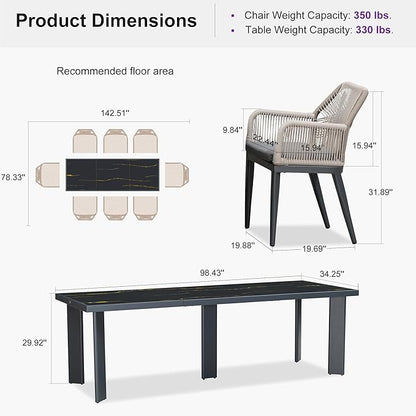 PURPLE LEAF 9 Pieces Patio Dining Set Aluminum Modern Rectangular Table and Rattan Arm Chairs with Cushions for Kitchen Porch Garden Outdoor Furniture Sets, Dark Grey