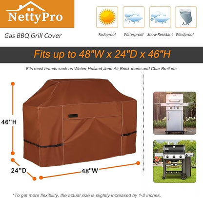 NettyPro Grill Cover Heavy Duty Waterproof 48 inch, Outdoor 2-3 Burners Gas BBQ Cover for Outside Weber, Char-Broil, Brinkmann, Nexgrill Barbecue, Brown