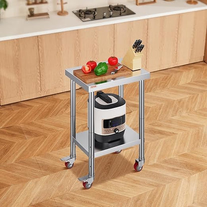 Mophorn 24x18x34 Inch Stainless Steel Work Table 3-Stage Adjustable Shelf with 4 Wheels Heavy Duty Commercial Food Prep Worktable with Brake for Kitchen Prep Work