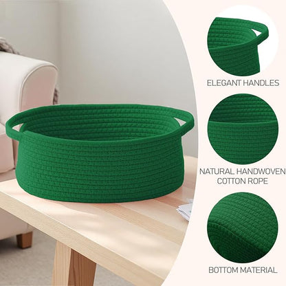 Woven Basket,Small Rope Storage Bin with Handles & Ribbon Bag, Organizer for Shelves Closets,Gift Basket Empty for Birthday,Books,Dog Toys, Green/2 Pack