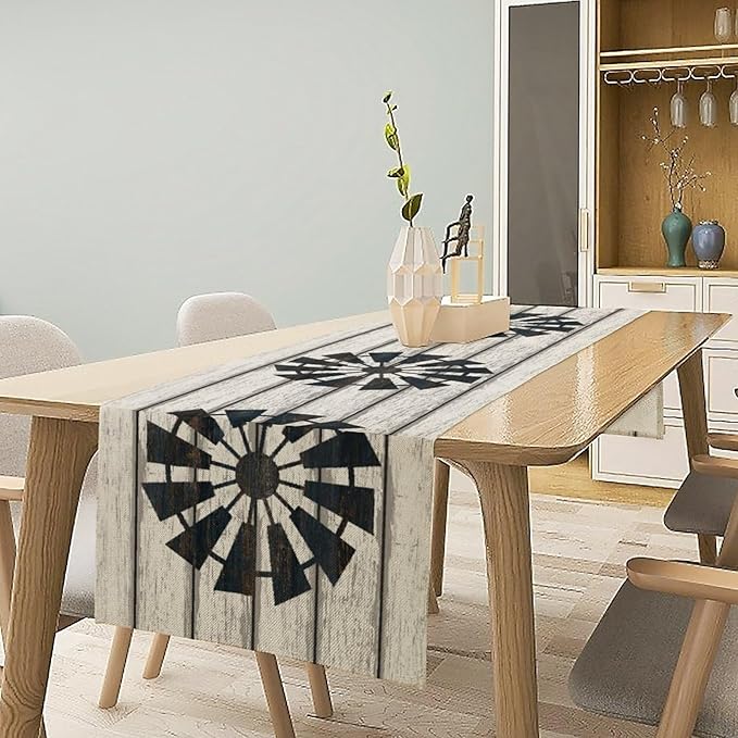 Retro Windmill Table Runner, Rustic Farmhouse Wood Grain Country Style Print Table Runner for Dinning Holiday Party Indoor Outdoor Decor, 13x70inch