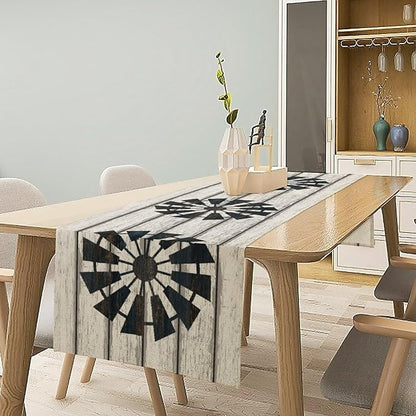 Retro Windmill Table Runner, Rustic Farmhouse Wood Grain Country Style Print Table Runner for Dinning Holiday Party Indoor Outdoor Decor, 13x36inch