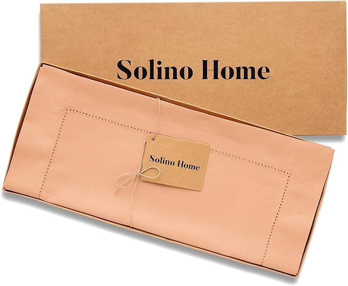 Solino Home Cotton Linen Table Runner 90 Inches Long - Hemstitch Peach Bloom Dining Table Runner 14 x 90 Inch for Valentines, Spring, Easter