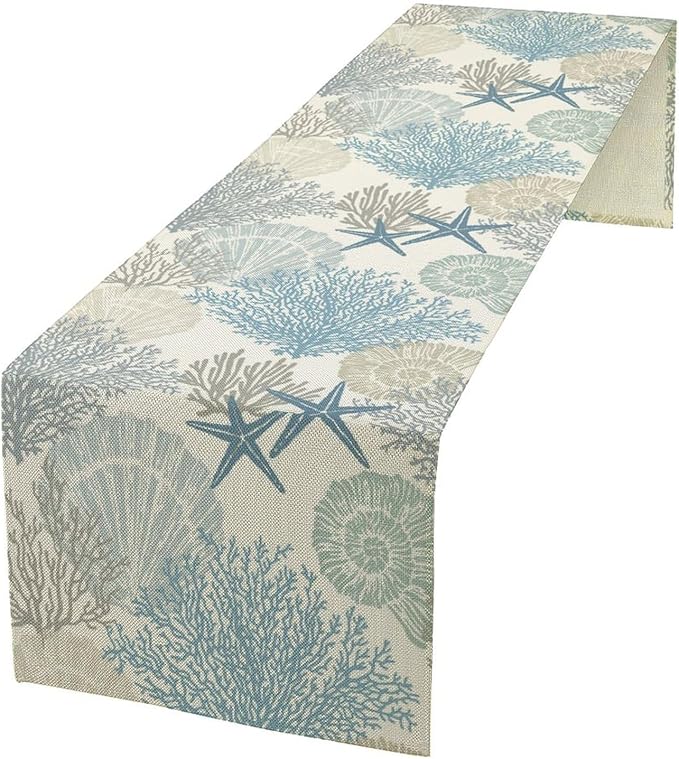 Blue Teal Coral Table Runners, Summer Beach Starfish Coastal Coffee Table Runners for Wedding Party Banquet Dining Holiday 13x36in
