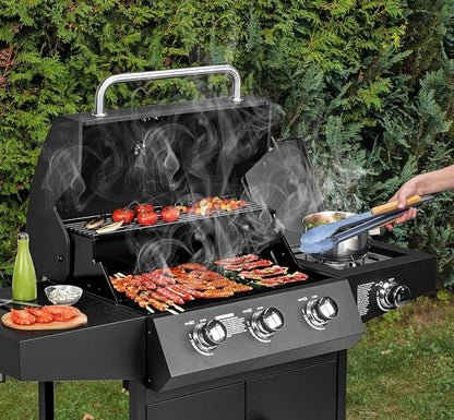 ROVSUN 3-Burner Propane Gas BBQ Grill with Side Burner & Enameled Cast Iron Grates, 46,000 BTU Barbecue Grill with Wheels for Outdoor Patio Backyard Cooking Grilling, Black