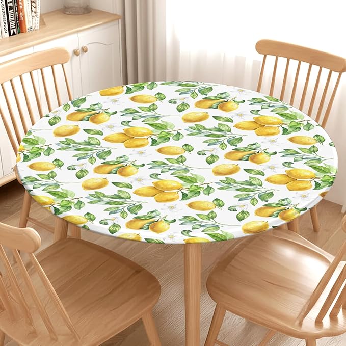 Lemon Round Fitted Tablecloth with Elastic Spring Summer Yellow Lemons Circle Table Cloth for 36-40" Round Tables Wipeable Waterproof Lemonade Party Farmhouse Table Cover for Picnic Dining Outdoor
