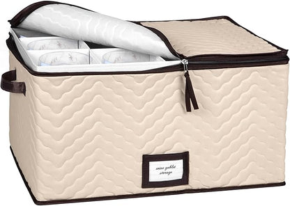 Wine Glass Storage Box with Dividers - Stemware Storage Case, Durable Quilted Microfiber Bin with Carry Handles, Protects Fine China - (1 Pack, Red Wine Glass)