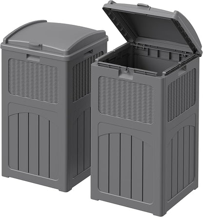 Devoko 33 Gallon Outdoor Trash Can with Dual Lid, Heavy Duty Waterproof Resin Garbage Bins Outside, Hideaway Waste Bins for Patio, Outside Pool, Backyard and Deck (2, Gray)