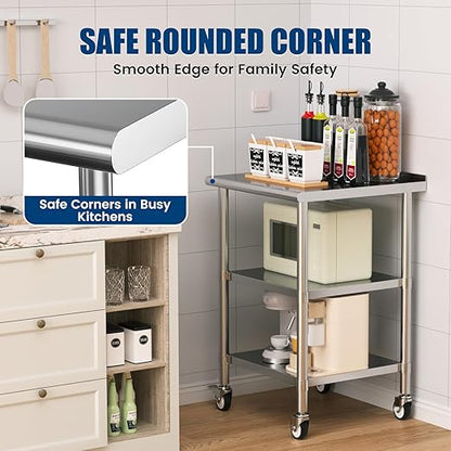 Stainless Steel Work Table with Wheels, 24x24 Inch NSF Food Prep Table with Backsplash & 2 Adjustable Undershelves for Commercial Kitchen, Restaurant, Garage
