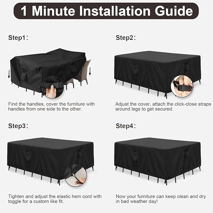 PureFit Patio Furniture Covers, Outdoor Table Furniture Cover Waterproof Rectangle, Patio Sectional Couch Set Cover for Deck, Lawn and Backyard, UV Resistant, 126"L x 63"W x 28"H, Black