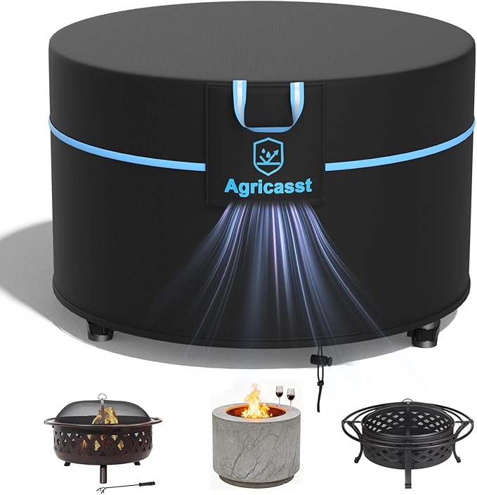 Round Fire Pit Cover for 48''- 50'' Fire Pit, 600D Heavy Duty Outdoor Firepit Cover Waterproof Patio Fire Table Cover with Air Vent, Handle, 4 Windproof Buckles, Drawstring - 50"Dia x 24"H