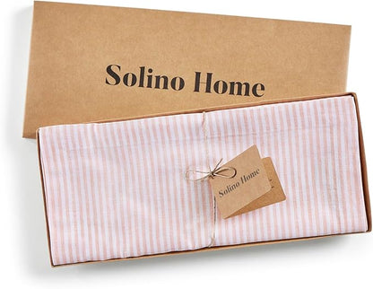 Solino Home Linen Striped Table Runner 108 Inches Long - Narrow Stripe 100% Pure Linen Peach and White Dining Table Runner 14 x 108 Inch for Valentines, Spring, Easter